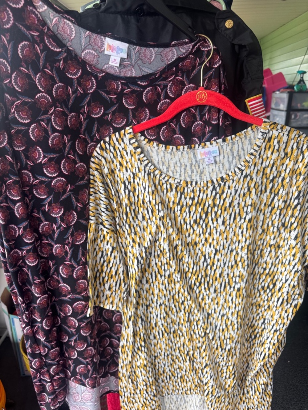 LuLaRoe Mustard Yellow Geometric Top & Burgundy Floral Top